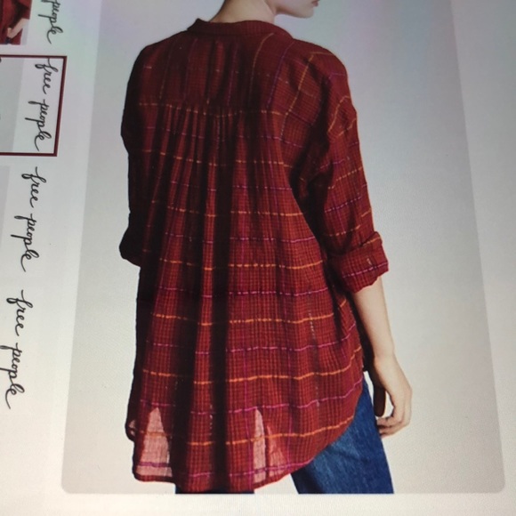 BNWT FREE PEOPLE RED METALLIC PLAID BUTTON SHIRT - Picture 3 of 6